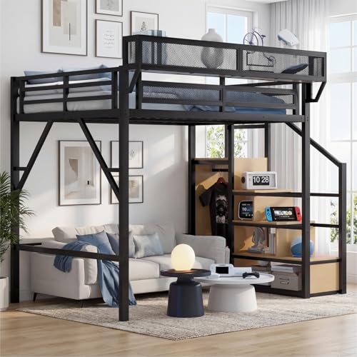 Mirightone Queen Size Loft Bed with Stairs and Storage,...