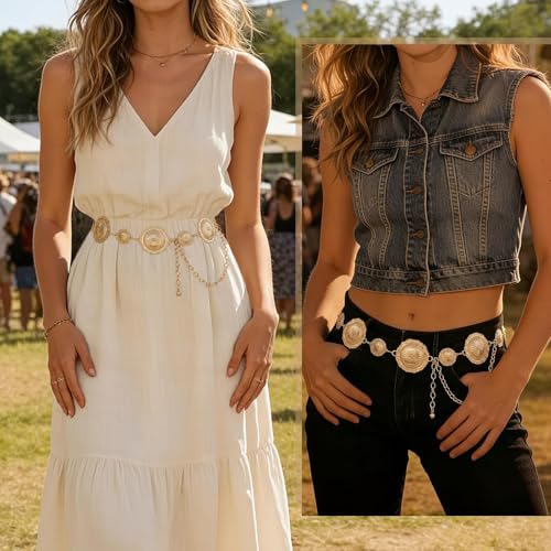 Image of WHIPPY Western Metal Concho Belt for Women Vintage Cowgirl Boho Turquoise Chain Belts for Dresses Jeans