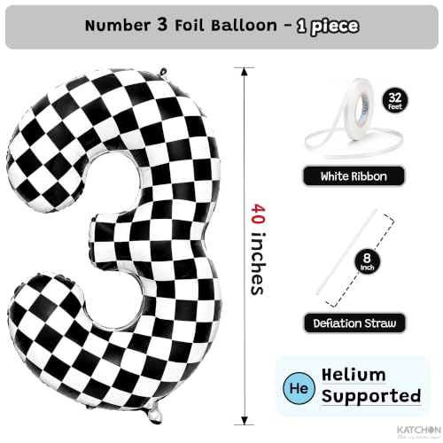 Image of KatchOn 3rd Birthday Number Balloons, 40 Inch Checkered Foil 3 Balloons
