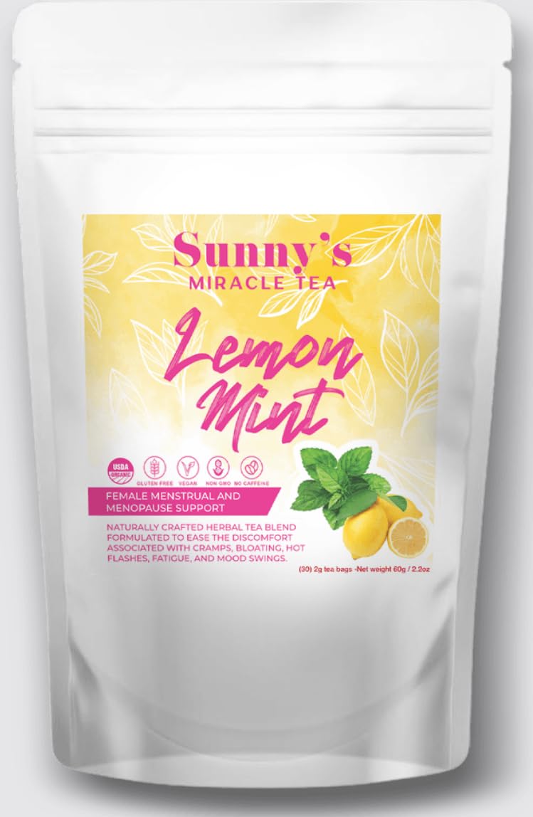 Sunny's Miracle Tea, 30 Tea Bags, PMS, Bloating & Cramping Relief. Hormone Balance, Mood Swing, and Menopause Support. Small Batch Organic Herbal Tea Blend. Crafted in the USA. (Lemon Mint)