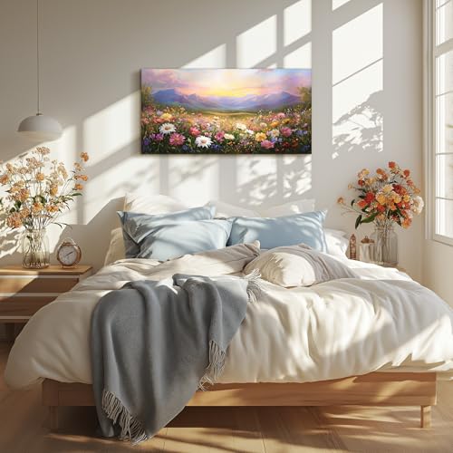 crmotu Large Landscape Wall Art, Flower Wall Art, Floral Wall Decor, Daisy Field Artwork for Walls, Mountain Wilderness Scenic Paintings Wall Decor Living Room Bedroom Kitchen Canvas Prints 20x40inch