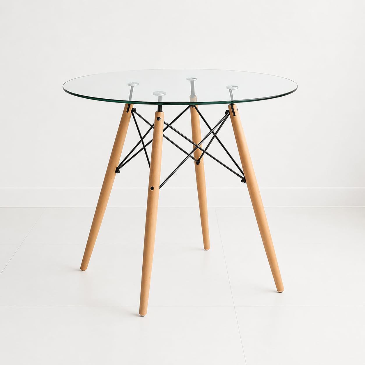 Creative Round Dining Table, Glass with Top with Natural Wood Legs, Ideal for Cafe, Restaurant, Small Space, 800 Dia (1, Glass)-image-29