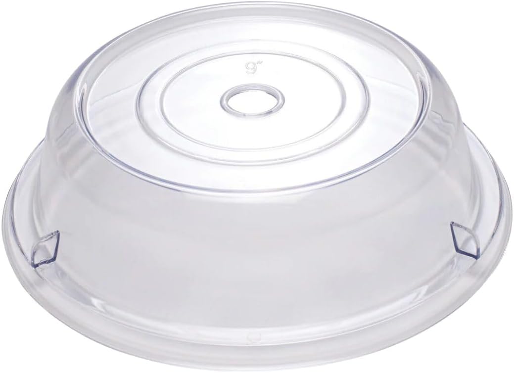 Soro Essentials- 9" Clear Polycarbonate Plate Cover Set of 12- Chip and Break Resistant Plastic Round Plate Covers Clear Plastic Splatter Cover With Finger Hole FoodService Products Plate Cover