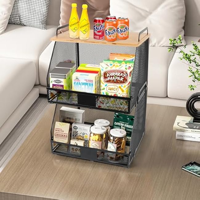 2 Tier XXL Stackable Hanging fruit basket for kitchen counter,hanging Wall baskets with Bamboo Tops & Tag,Wire basket for Cabinet Shelf Countertop Pantry Organizer Bins, onion potato Vegs Bread Organi