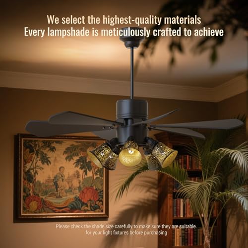 Image of 4 Pack Laser Cut Ceiling Fan Covers, Black & Gold Chrysan Iron LampShades | Size: 2.16 inch Top x 4.72 inch Bottom x 4.72 inchH. UNO fitter metal lamp shades for ceiling fan lights, wall sconces and chandeliers.