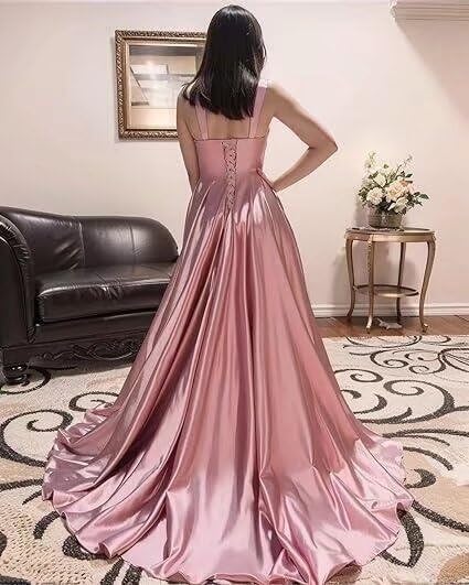 Dessiny Spaghetti Strap Satin Prom Dresses for Women with Slit Square Neck Aline Maxi Formal Dress 2025 DE3252