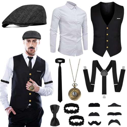 Fantspati 1920s Gatsby acessórios para homem, disfarce anos 20 de gatsby, carnaval da máfia para homem, kit de disfarce de gangster retro com camisa, colete, chapéu L