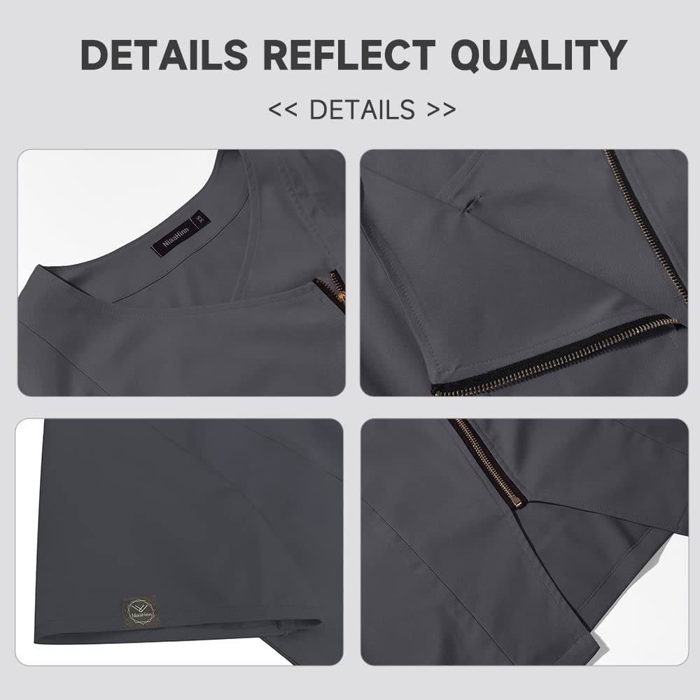 niaahinn Scrubs Top V-Neck with Zipper for Women Originals Women's Mecical Uniform Top (Grey,L,Large)