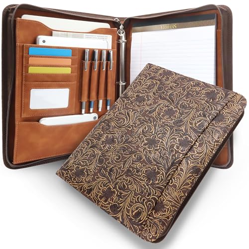 Western Vintage Floral Embossed Faux Leather Zippered Padfolio with 3