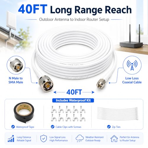 Image of N Male to SMA Male Coaxial Cable 40FT for 4G LTE 5G Antenna Systems | White 50 Ohm low loss 3D-FB RF extension, waterproof sealing tape, clips and zip ties, for signal booster, router, modem