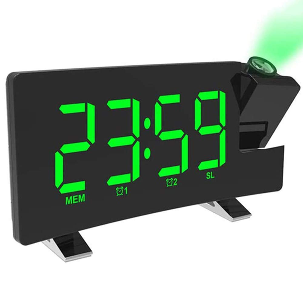Radio Réveil à Projection, Réveil Projection Plafond 180°, Horloge Numérique FM USB avec Double Alarmes, Snooze, Minuteur de Mise en Veille, 12/24h, Grand écran LED avec Gradateur,Green