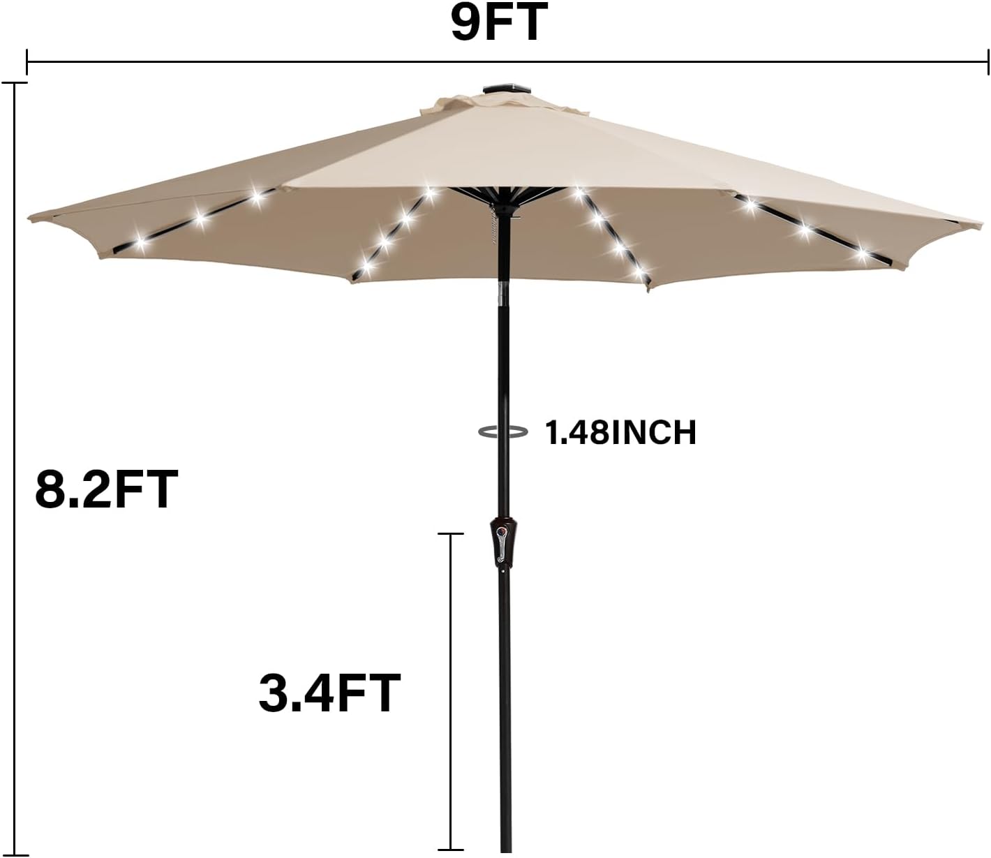 JEAREY 9ft Solar LED Lighted Patio Umbrella, Table Market Umbrella with 8 Ribs/Tilt Adjustment and Crank UV-Resistant Outdoor Umbrella for Garden, Deck, Backyard, Pool and Beach - Beige
