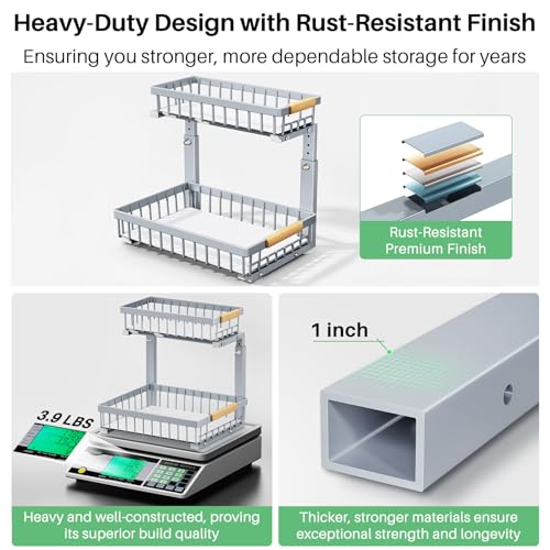 Image of Kitstorack Under Sink Organizer, 2 Tier Under the Sink Storage, Slide out Pull out Cabinet Organizer Shelf, Metal Sliding Drawer for Kitchen Bathroom Pantry Closet Organization Rack, Grey, 2 Pack