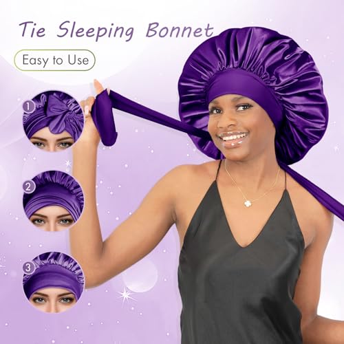 Image of BONNET QUEEN Silk Bonnet for Sleeping Satin Bonnet Women Hair Wrap Night Sleep Cap Scarf Wrap for Curly Hair with Tie Band, Large, Purple