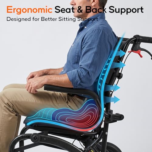 Image of SOFTFISH Transport Wheelchair with Ergonomic Design & Pull Rod, Wheelchairs for Adults with Adjustable Push Handles & Footrests, 12 inch Rear Wheels, Flip-Back Armrests, Carbon Fiber Aluminum Frame