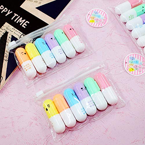 Vanvene 6 Pcs/Set Mini Pill Shaped Highlighter Pens For Writing Cute Face Graffiti Marker Pen Korean Stationery School Office Supplies #TOP5
