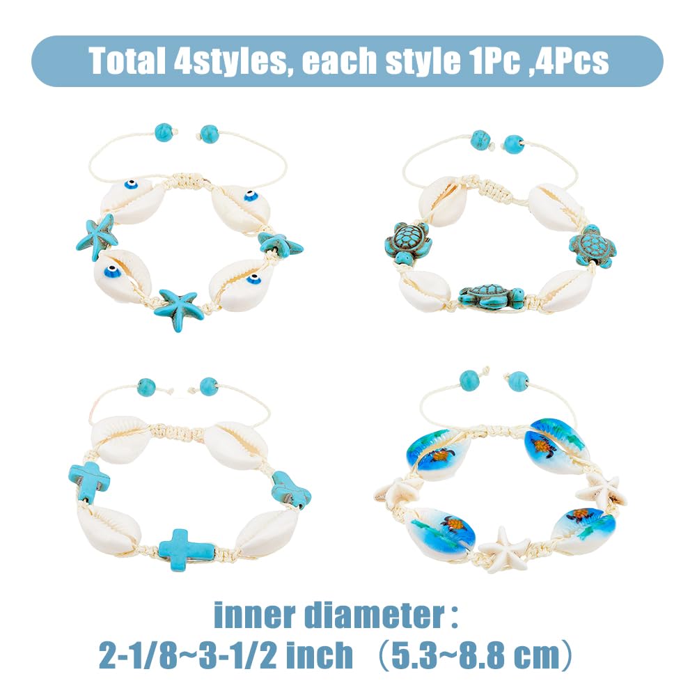 SUPERFINDINGS 4 estilos de pulseras de concha natural, 4 unidades, pulseras de conchas marinas tejidas a mano, pulseras ajustables de estrella de mar, pulseras de tobillo de mal de ojo, pulseras de