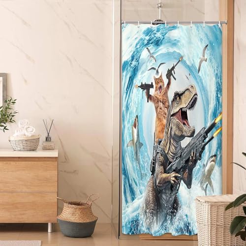 Image of Funny Cat Shower Curtain Set, Cute Cat Riding Dinosaur Theme Ocean Curtains for Bathroom Fun Nautical Kids Decor Polyester Fabric Restroom Curtains