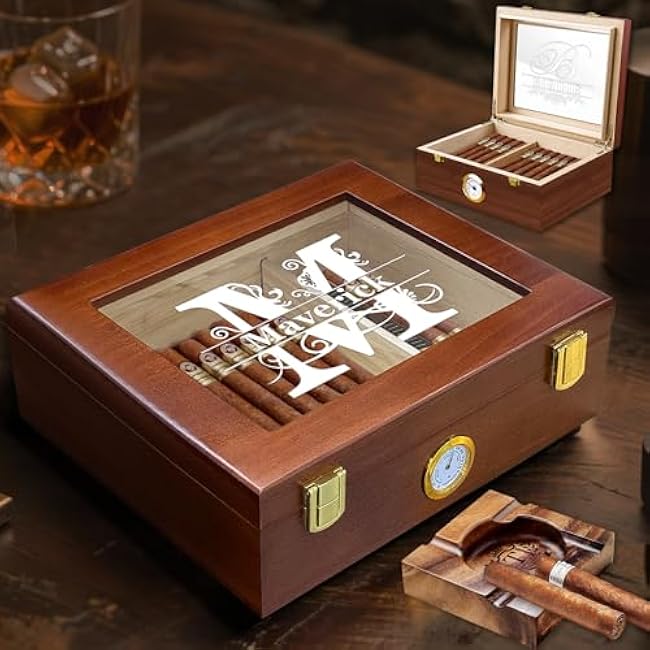 SRdrew Custom Wood Box with Hygrometer, Clear Acrylic Top Display, Personalized Storage Case with Humidifier