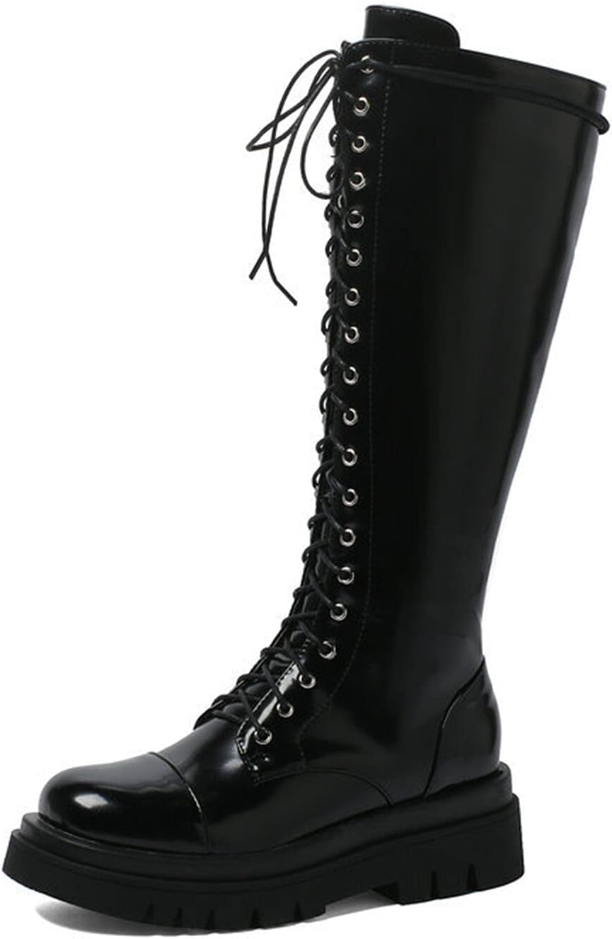 レディースロングブーツレトロPUレザーローヒールフラットレースアップジップニーハイカーフバイカーアーミーミリタリーブーツ フォーマル靴の通販