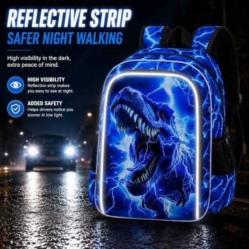 Image of 17 inch Dinosaur Backpack, Boys Lightning Kids Bookbag with Lunch Box, 3Pcs Dino School Backpacks for Elementary Preschool Kindergarten (Blue)