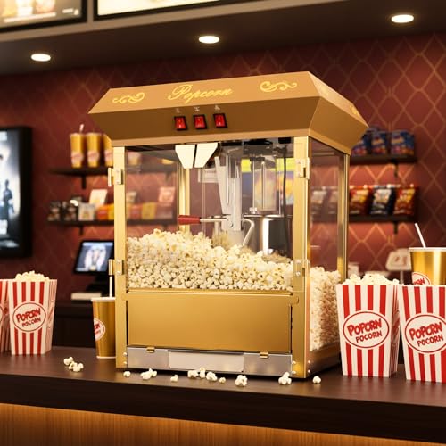 Image of Large Popcorn Machine with Cart: Vintage Commercial Popcorn Maker Movie Theater Style Makes Up to 64 Cups for Home Party Office, 16 Oz Popcorn Machine with Cart, Red