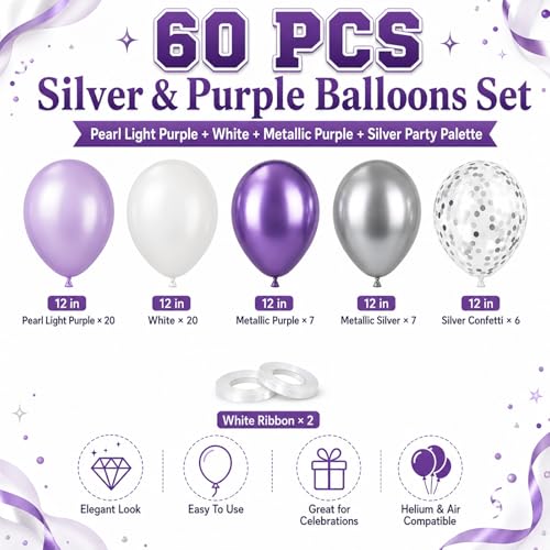 Image of Purple and Silver Balloons 60PCS Pastel Purple Balloons, 12 Inch Metallic Silver Confetti and White Latex Balloon for Girls Women Birthday Wedding Baby Shower Bridal Shower Graduation Party Decor
