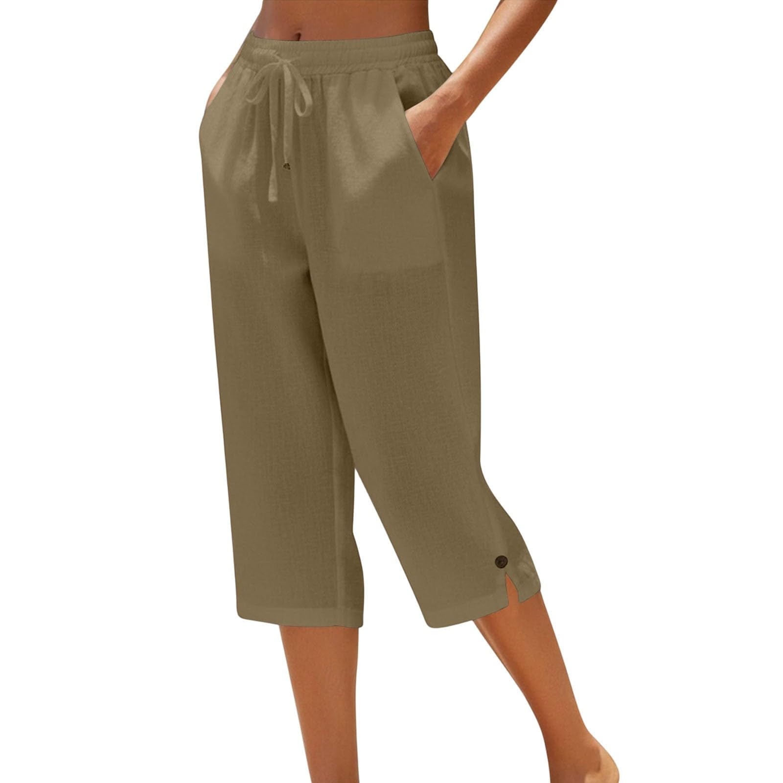 Sommerhose Damen Leicht Leinenhose Damen Sommer 3/4 Musselin Kurze Hose Leicht Leinen Sommerhose Mit Taschen Causal Atmungsaktiv Caprihose Elastische Bequeme Stoffhose Sport Freizeit Strandhose