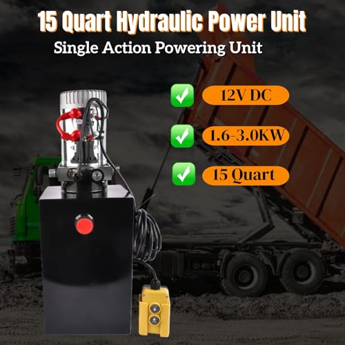 Image of 12V DC Single Acting Hydraulic Pump - 3.75 Gallon (15 Quart) Steel Hydraulic Power Unit for Dump Trailer, Dump Truck & Industrial Use Mixizap