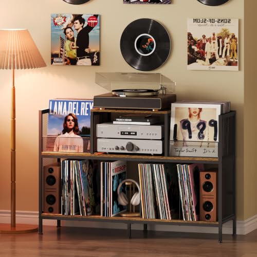 Sonyabecca Large Vintage Record Player Table with 4 Adjustable Dividers, Vinyl Record Storage...