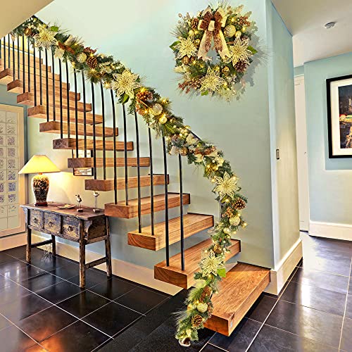 24" Prelit Christmas Wreath with Lights, Battery Operated Xmas Garland with Decorations, Wreath for Front Door Porch Wall Window Fireplace Outdoor Home Holiday Accent