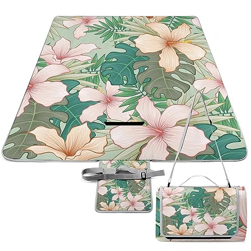 Tropical-Flowers-texture2 Picnic Blanket Waterproof Foldable, Large Outdoor Picnic Blanket Beach Blankets Camping Blanket Travel Mat, Shoulder Strap Tote, Rectangle 58x58in