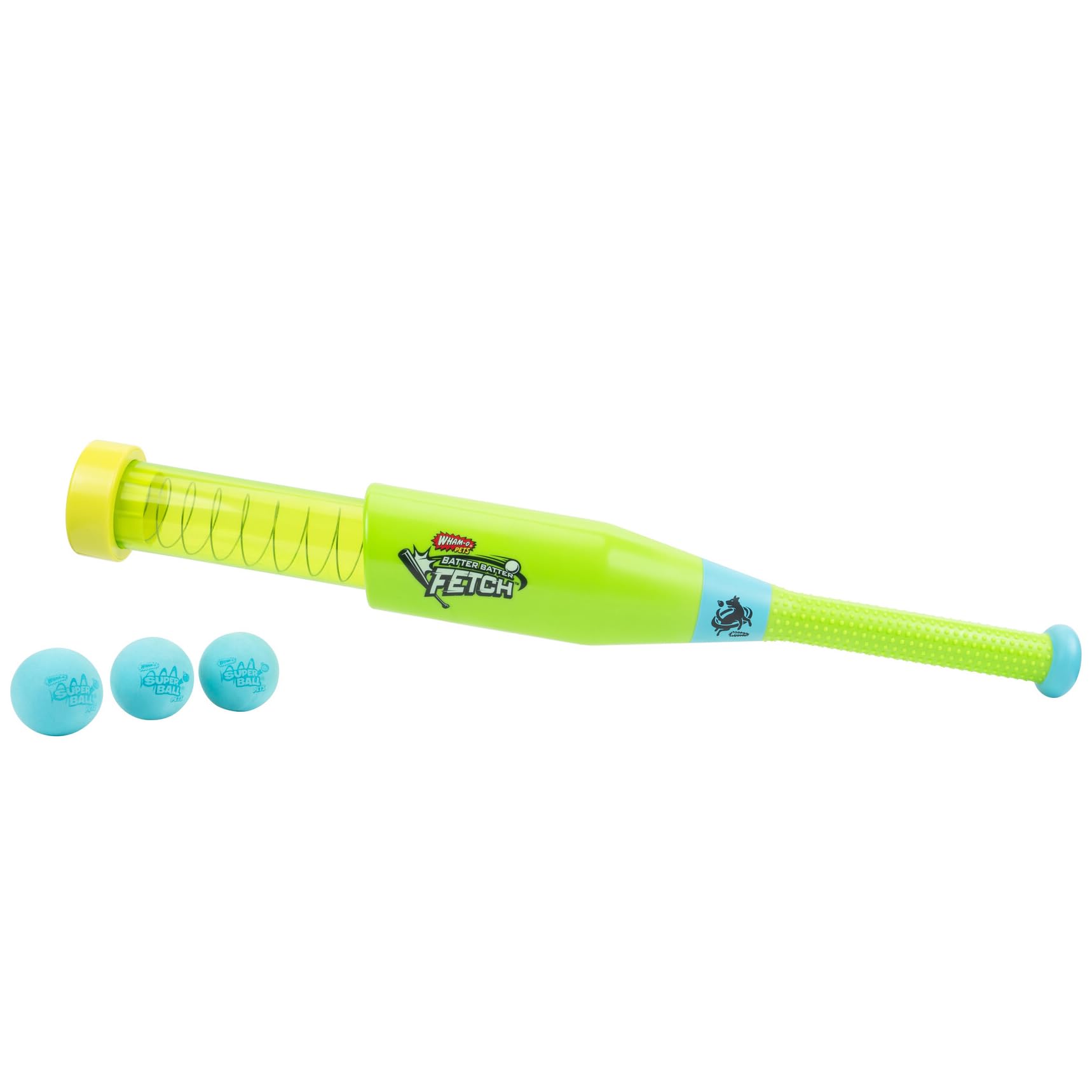 Wham-O Pets Batter Batter Fetch - Spring Loaded Baseball Bat Dog Ball Launcher with Three 2-Inch Super Balls Made of Durable Foam Material