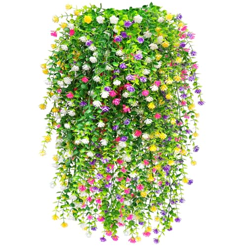 Yueshop 4PCS Artificial Hanging Flowers UV-Resistant Artificial Hanging Plants Flowers Bouquet Outdoor Indoor Fake Hanging Plant Artificial Flowers for Home Garden Wedding Decor-Mix Colors