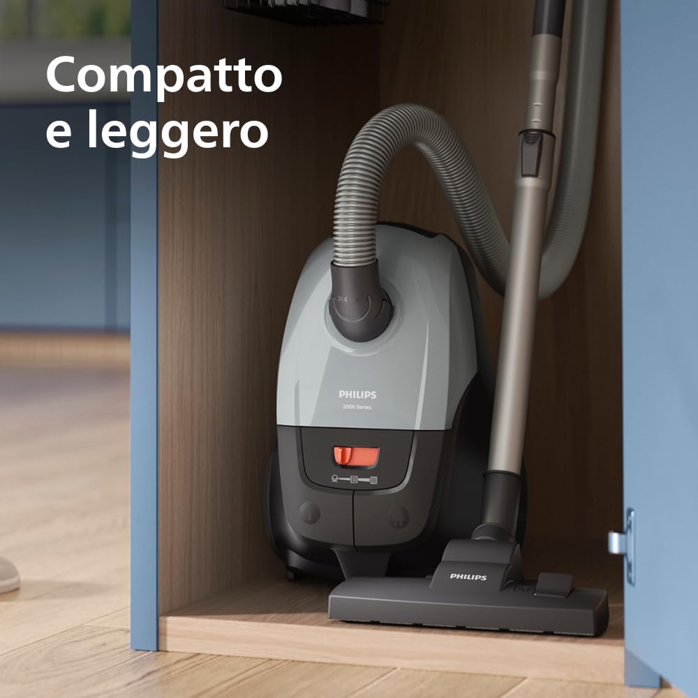 ‎Philips Serie 2000 Aspirapolvere con Sacchetto – Compatto e Leggero, 800W, Filtro HEPA Cattura il 99,9% della Polvere, Bocchetta Multiuso, Raggio d'Azione 9m, Sacchetto Polvere Grande (XD2142/12)