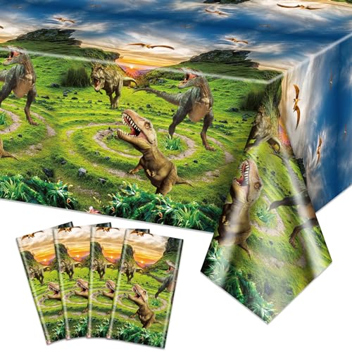 Hegbolke 4pcs Dinosaur Nappe - 220x130cm rectangulaire Dinosaur Table Ornements Enfants Dinosaure Nappe garçon Dinosaure Anniversaire fête Fournitures
