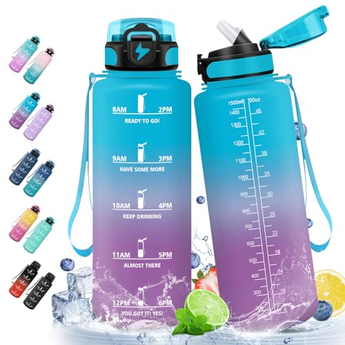 HoneyHolly Botella Agua, 1.5L Botella Agua Gimnasio con Pajita, Botella de Agua, con Marcador de Tiempo, Botella de Agua Deportiva, Prueba de Fugas, Cantimplora para Escuela, Senderismo, Fitness