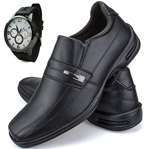 Sapato Social Masculino Conforto com Metal Preto + Relógio