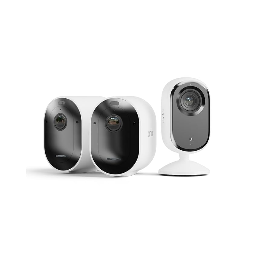 Arlo Pro 5 Telecamera WiFi Esterno Senza Fili, 2K HDR, Sirena Allarme Casa, Prova Inclusa Secure, 2 Telecamere, Bianche & Arlo Essential 2 Indoor Telecamera per Cani/Bambini 2K, 2 Telecamere, Bianche