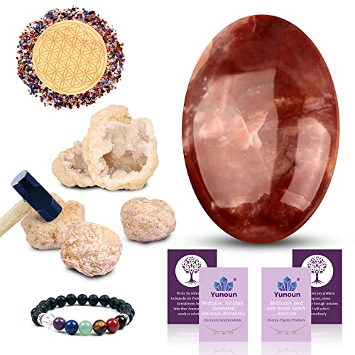 Yunoun Strawberry Crystal Palm Stone Crystal, surprise crystal (3), natural chakra bracelet Flower of Life energy altar, pocket stone, relieves anxiety and stress