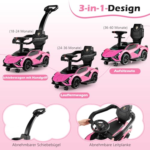 DREAMADE 3-in-1 Rutschauto Lamborghini, Rutschfahrzeug mit Schiebestange, Musik, Lichter & Sicherheitsbügel, Schiebauto für Kinder 18-60 Monate, belastbar bis 25kg (Rosa) – Bild 3