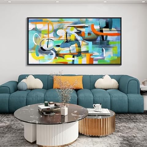 Mofutinpo Abstract Wall Art Framed Pictures for Living Room Wall art - Large Modern Abstract Canvas Wall Decoration-Colorful Wall Art-Teal And Blue Line Art - Graffiti Paintings for Bedroom 29×58IN Cover