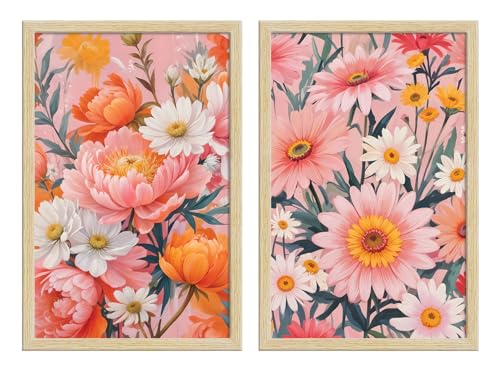 Image of ArtX Paper Floral Art Paintings with Frame for Home Decor, Wall Painting for Living Room, Multicolor, Natural Wood Color Frames, Set of 2