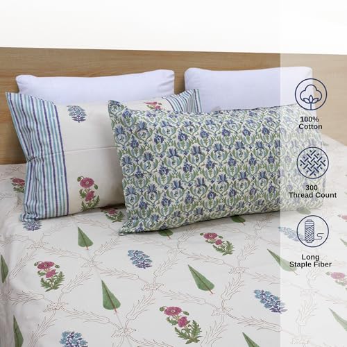 Image of TOAI Hand Block Printed Bedsheet | Bed Spread Flatsheet Bed Sheet | Pure Cotton | Queen Size 90 inchx108 inch | 300 TC Long Staple Cotton | 2 Reversible Pillow Covers |Adil Jaal (Beige Multicolor)