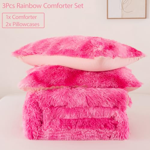 Image of Plush Shaggy Fluffy Comforter Set King Size Pink Rainbow Faux Fur Bedding Set for Girls Women 3 Pieces Tie Dye Soft Fuzzy Bed Set for Bedroom Decor(Pink White Ombre, King)