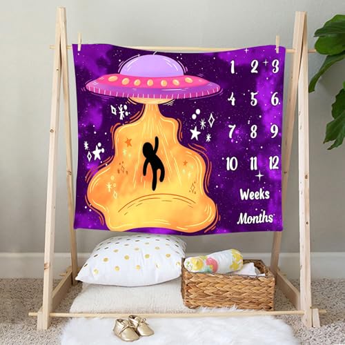Image of UFO Baby Monthly Milestone Blanket, 48x48in Soft Flannel, Alien Round Spaceship, Newborn Mom Gifts, Baby Shower Age Growth Tracker with Bonus Maker (Purple Pink, 48x48in)