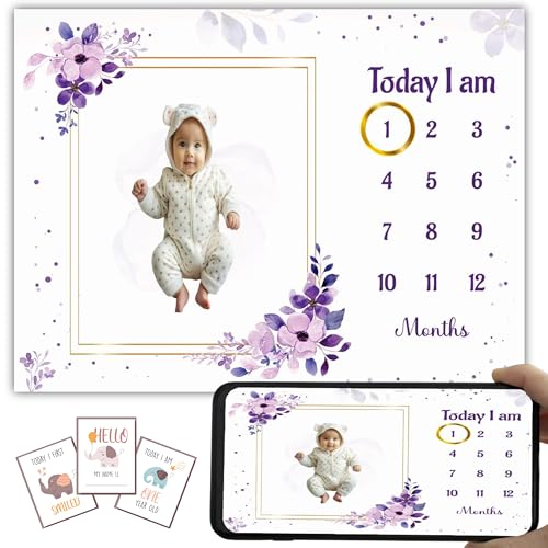 Image of Baby Monthly Milestone Blanket | 1-12 Months | Soft All-Season AC Blanket | Ideal for Newborn Boys & Girls | Perfect Growth Tracker & Photoshoot Prop with Purple Floral | 120x90 cm