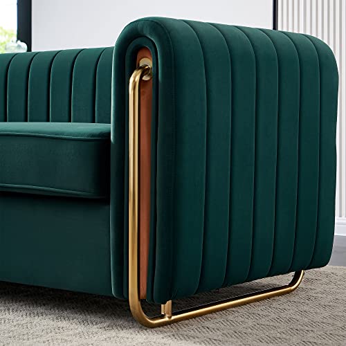 Image of KEIKI 84 inch Velvet Deep Channel Tufted Sofa with Back Cushions and Rolled Arms, Modern Style 3-Seater Couch with Golden Polished Steel Legs, Easy Assembly, for Living Room, Bedroom, Office, Green