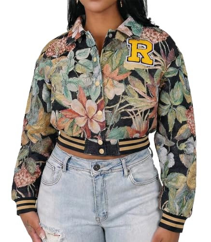 KANSOON Bomber Jacket Varsity Women Textured Floral Crop Jackets Snap