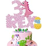 CRCRAZY Three Rex Dinosaur Cake Toppers for Girls - Dinosaur 3rd Birthday Cake Topper T-Rex Happy...